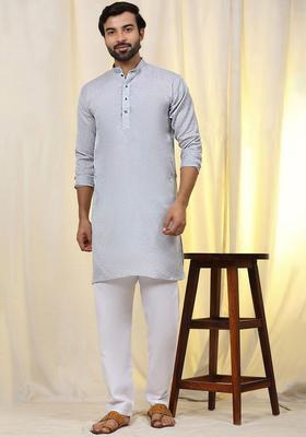 Grey Woven Design Cotton Kurta Set For Men