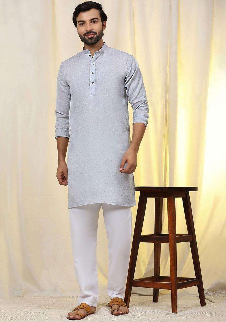 Grey Woven Design Cotton Kurta Set For Men - Indya