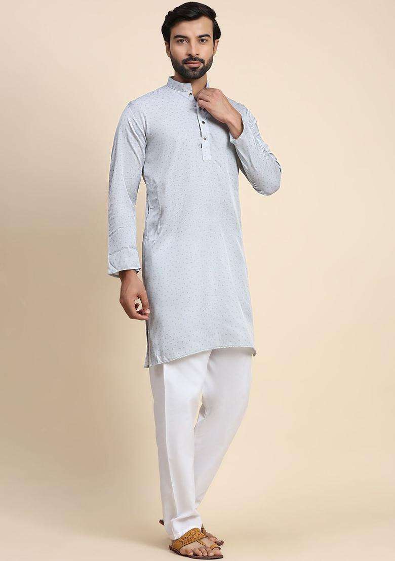 Grey Woven Design Cotton Kurta Set For Men - Indya