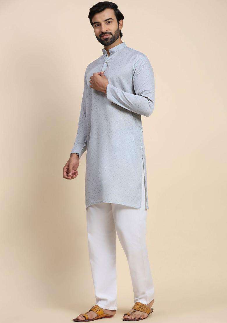 Grey Woven Design Cotton Kurta Set For Men - Indya