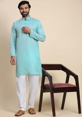 Blue Woven Design Cotton Kurta Set For Men