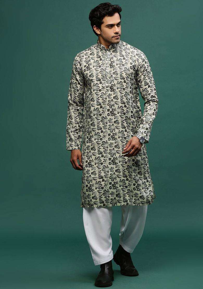 Green Printed Linen Kurta Set For Men - Indya