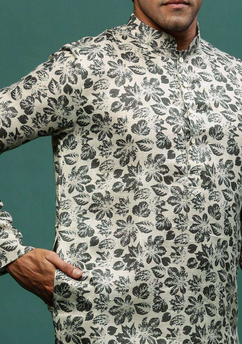 Green Printed Linen Kurta Set For Men - Indya