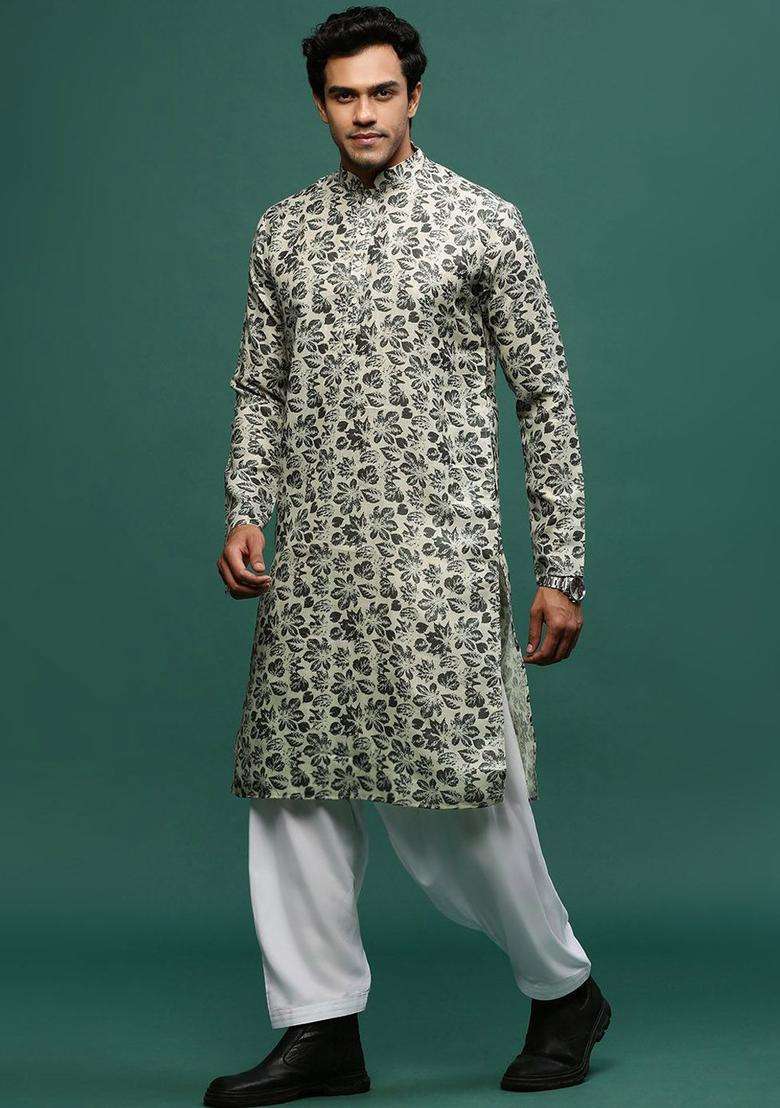 Green Printed Linen Kurta Set For Men - Indya
