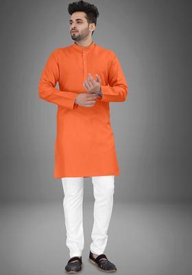 Orange Solid Cotton Kurta Set For Men