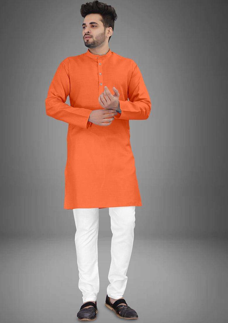 Orange Solid Cotton Kurta Set For Men - Indya
