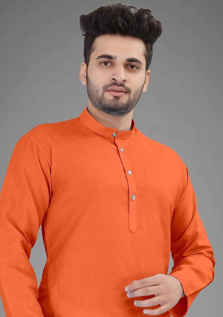 Orange Solid Cotton Kurta Set For Men - Indya