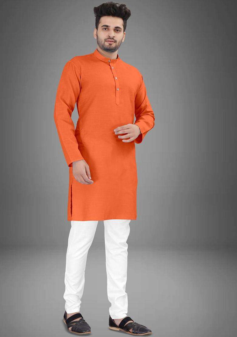 Orange Solid Cotton Kurta Set For Men - Indya