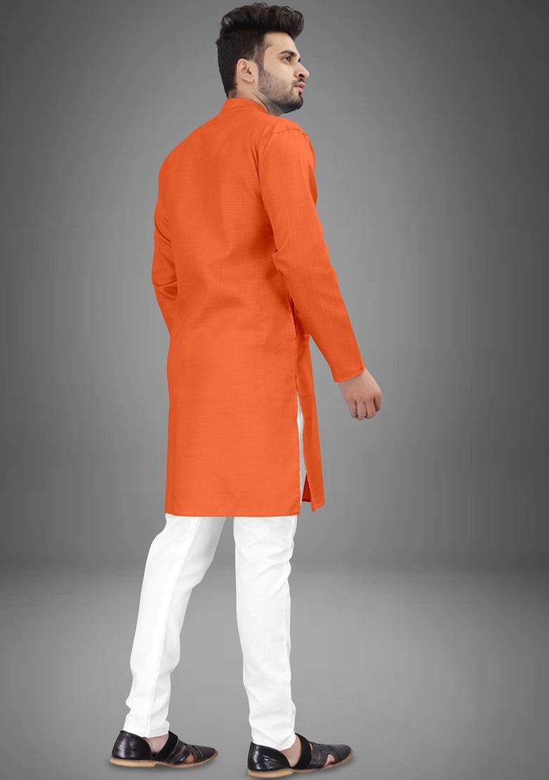 Orange Solid Cotton Kurta Set For Men - Indya