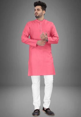 Peach Solid Cotton Kurta Set For Men