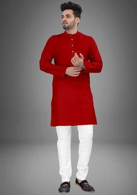 Red Solid Cotton Kurta Set For Men