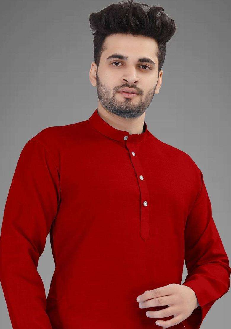 Red Solid Cotton Kurta Set For Men - Indya
