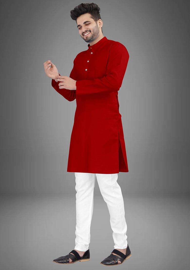Red Solid Cotton Kurta Set For Men - Indya