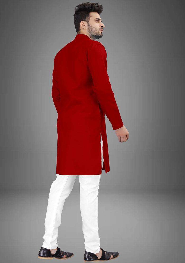 Red Solid Cotton Kurta Set For Men - Indya
