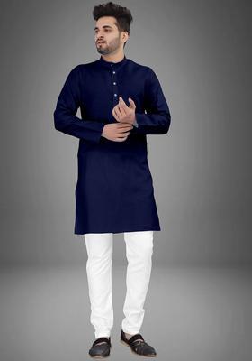 Navy Blue Solid Cotton Kurta Set For Men