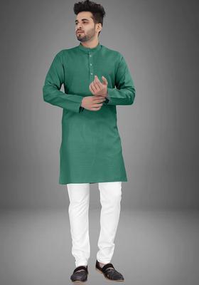 Green Solid Cotton Kurta Set For Men