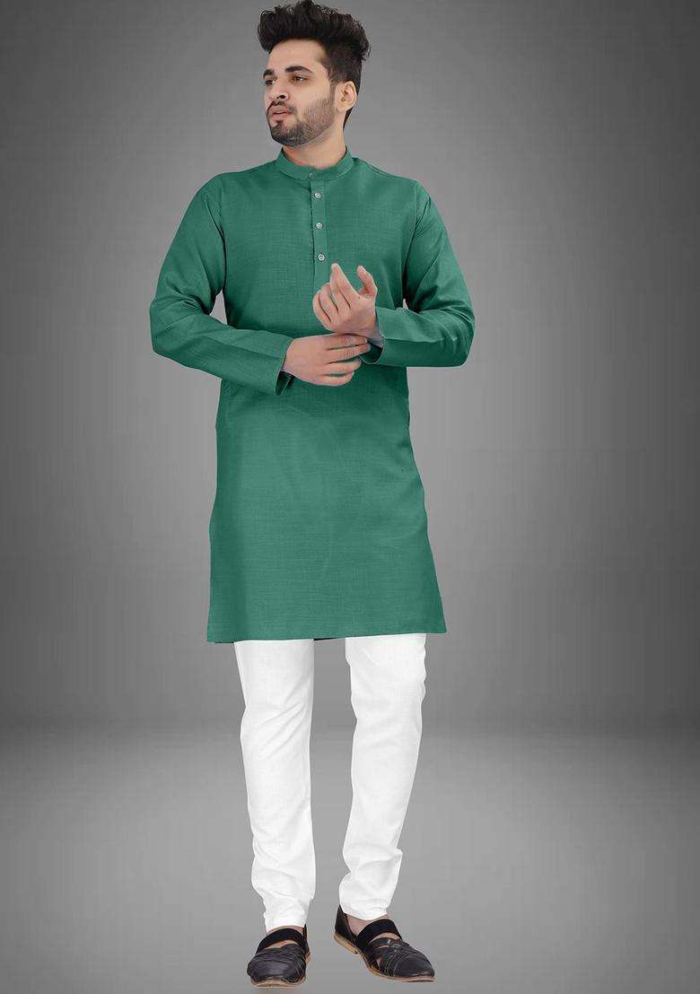 Green Solid Cotton Kurta Set For Men - Indya