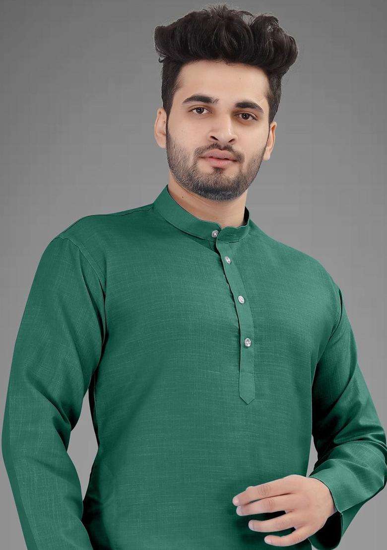Green Solid Cotton Kurta Set For Men - Indya
