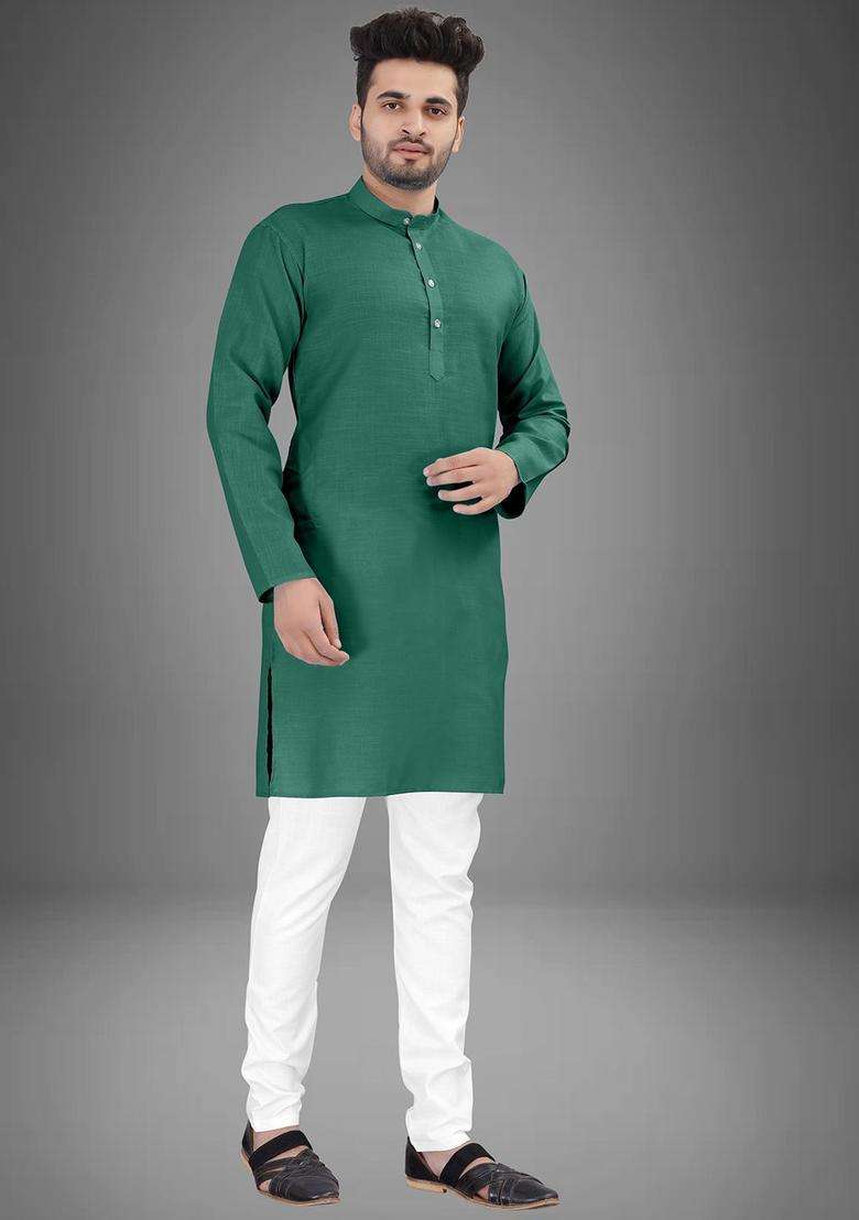 Green Solid Cotton Kurta Set For Men - Indya