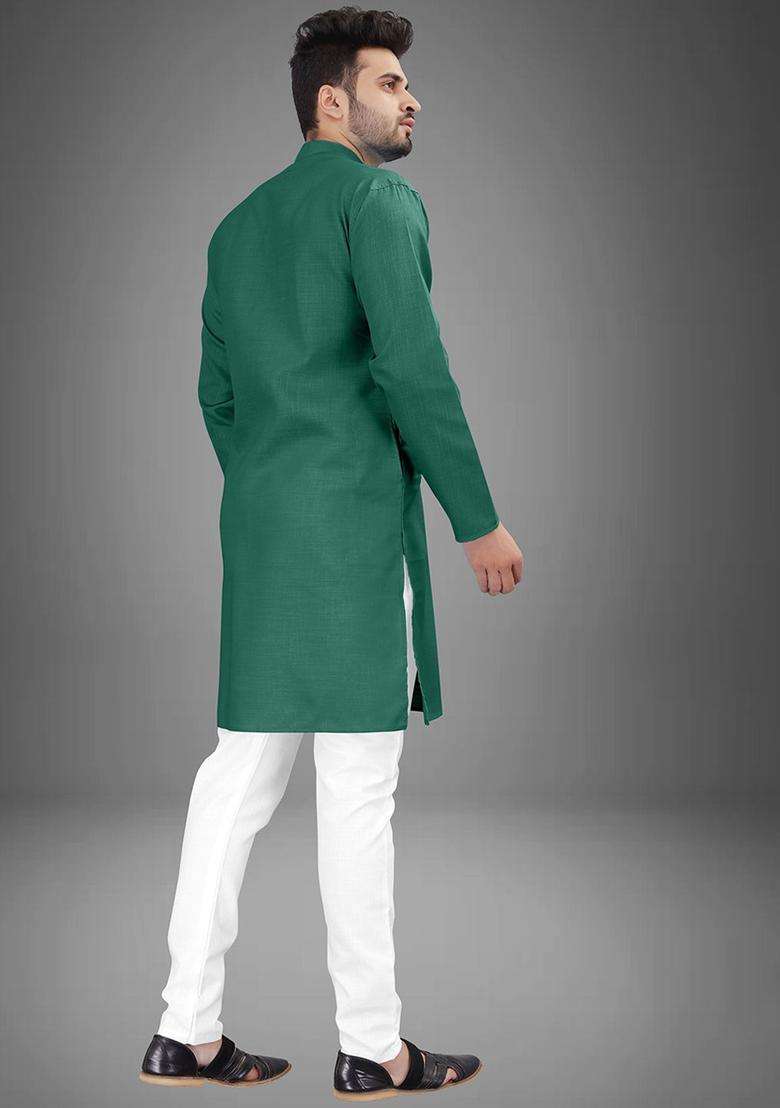Green Solid Cotton Kurta Set For Men - Indya