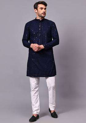 Blue Embroidered Viscose Kurta Set For Men