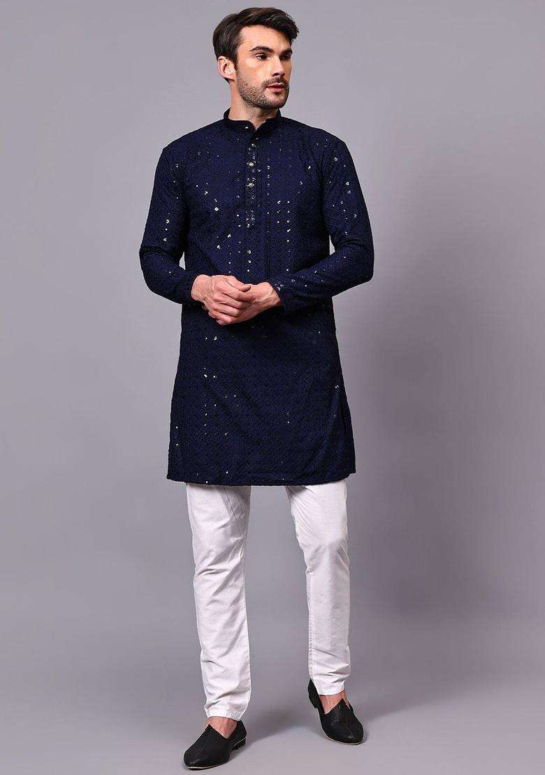Blue Embroidered Viscose Kurta Set For Men - Indya