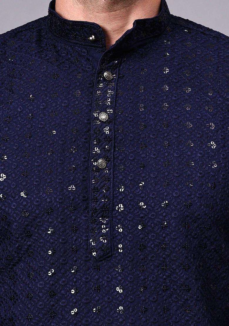 Blue Embroidered Viscose Kurta Set For Men - Indya