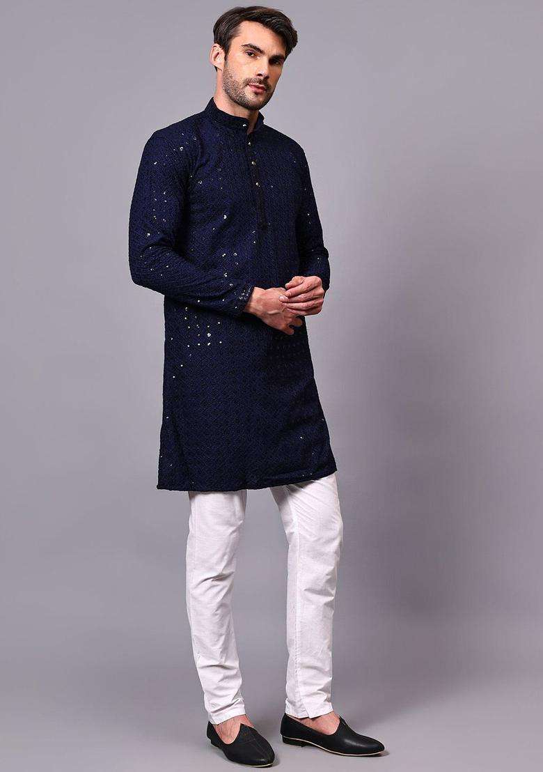 Blue Embroidered Viscose Kurta Set For Men - Indya