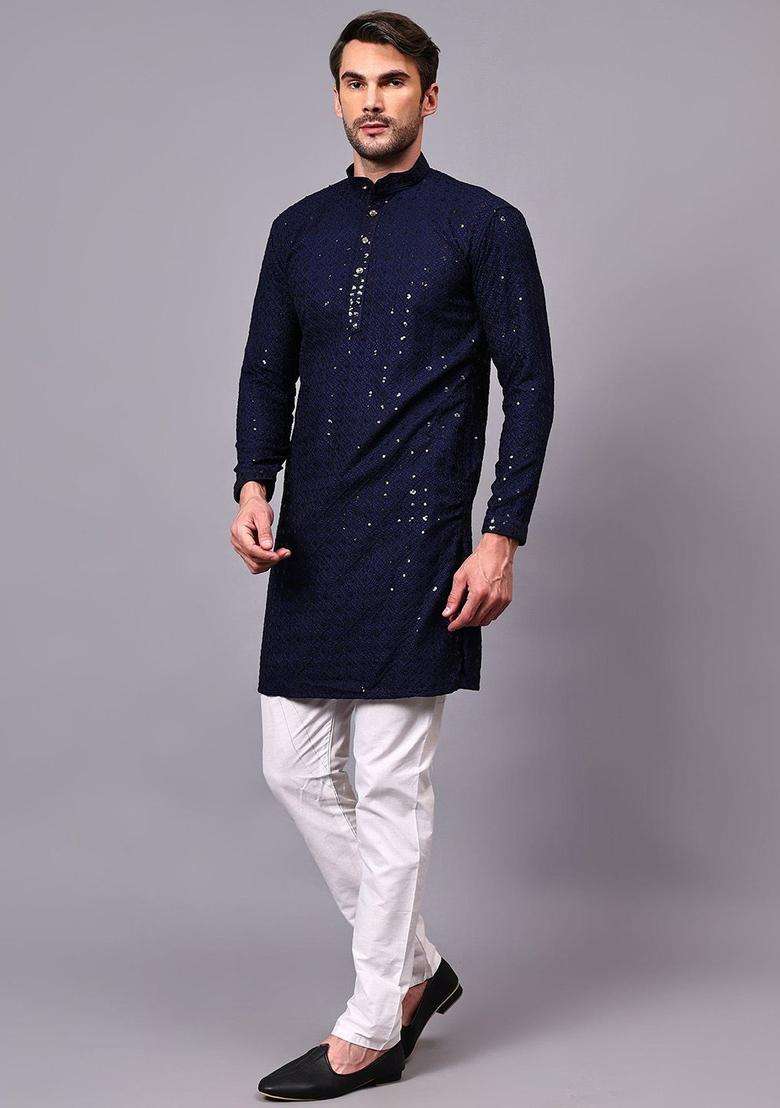 Blue Embroidered Viscose Kurta Set For Men - Indya