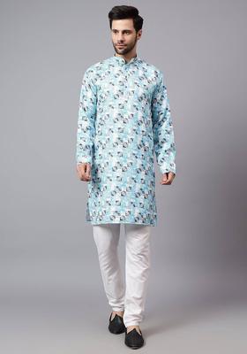 Blue Self Design Cotton Kurta Set For Men