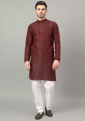 Brown Self Design Cotton Kurta Set For Men