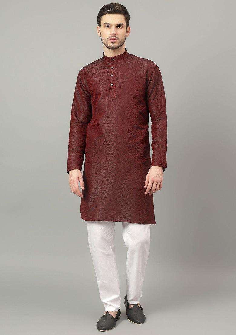 Brown Self Design Cotton Kurta Set For Men - Indya