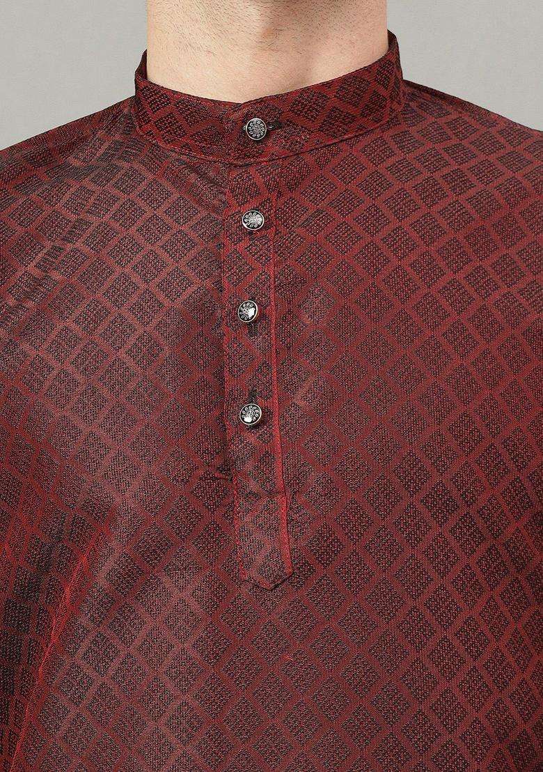 Brown Self Design Cotton Kurta Set For Men - Indya