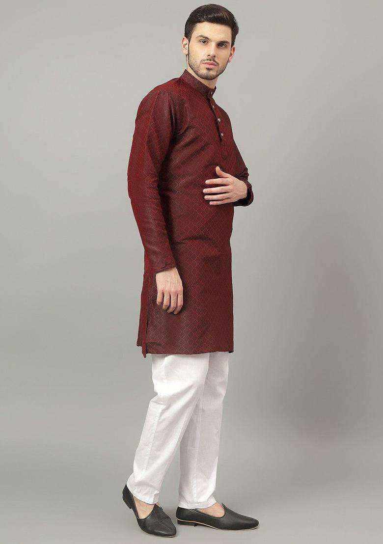 Brown Self Design Cotton Kurta Set For Men - Indya