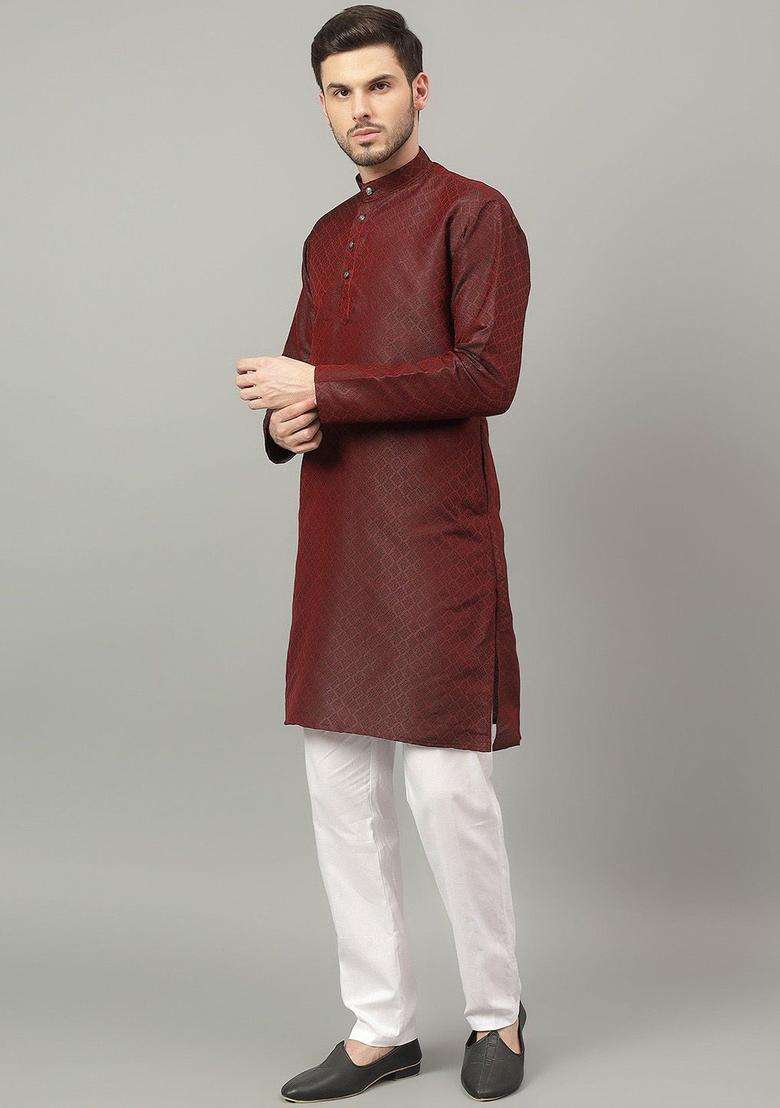 Brown Self Design Cotton Kurta Set For Men - Indya