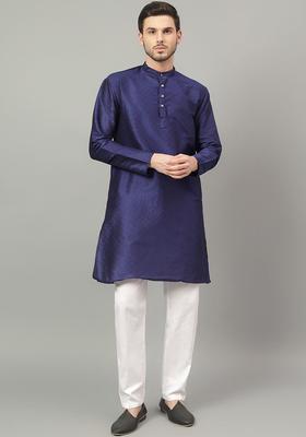 Navy Blue Self Design Cotton Kurta Set For Men