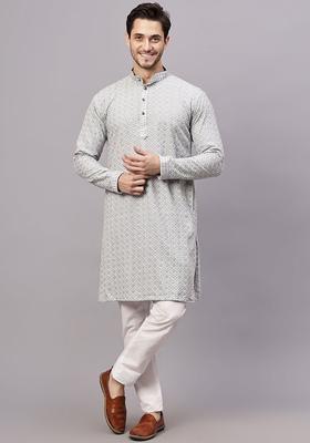 Grey Embroidered Viscose Kurta Set For Men