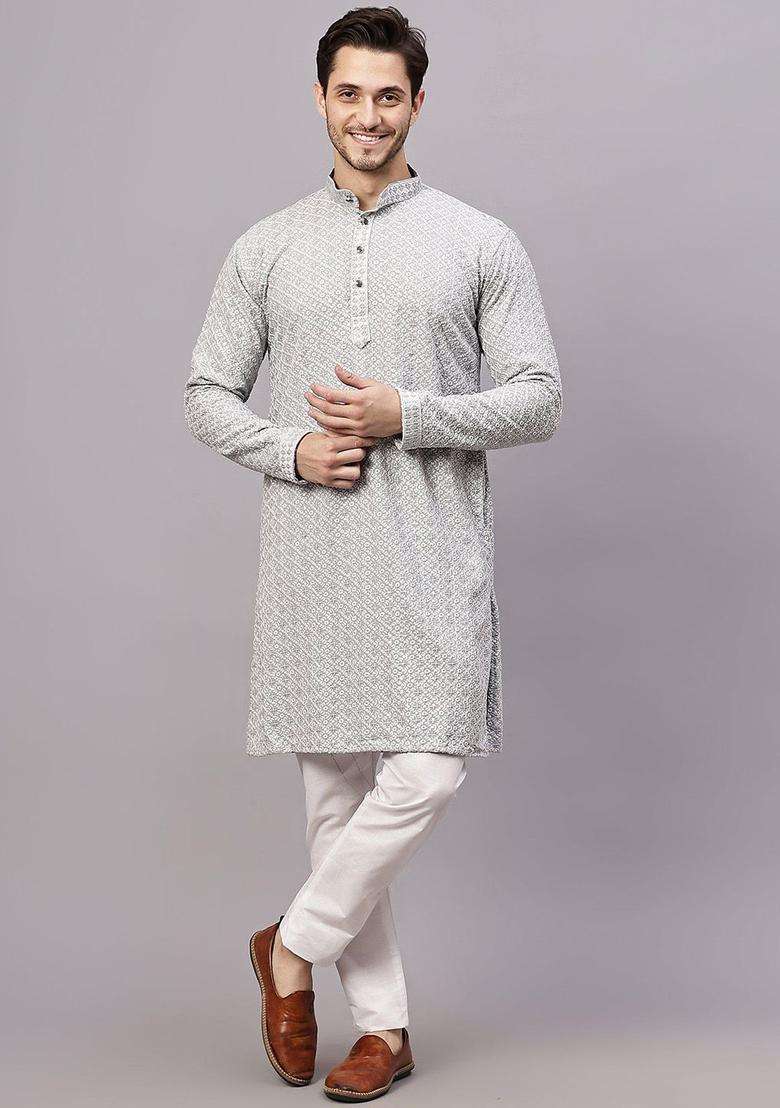 Grey Embroidered Viscose Kurta Set For Men - Indya