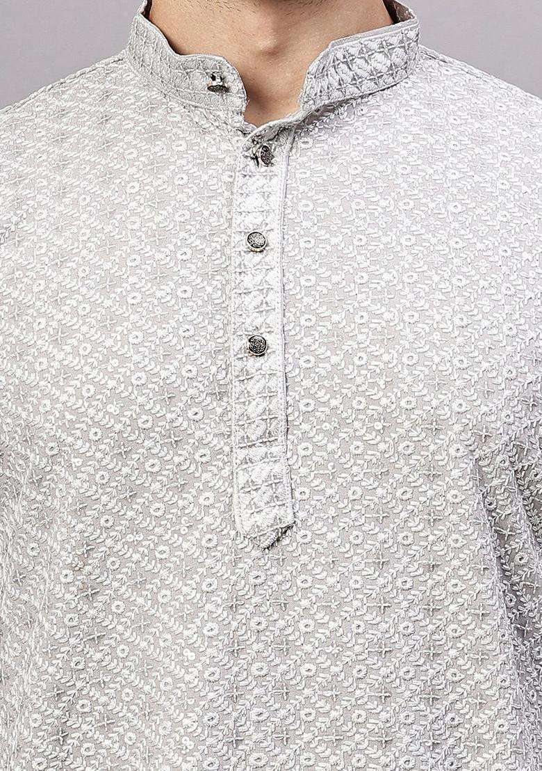 Grey Embroidered Viscose Kurta Set For Men - Indya