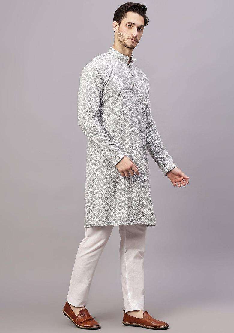 Grey Embroidered Viscose Kurta Set For Men - Indya