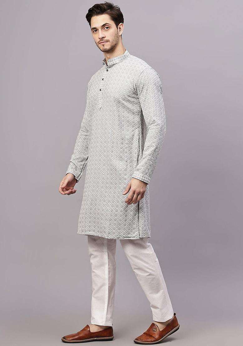 Grey Embroidered Viscose Kurta Set For Men - Indya