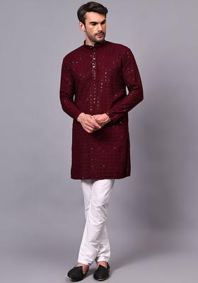 Maroon Embroidered Viscose Kurta Set For Men