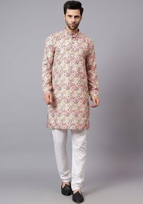 Green Self Design Cotton Kurta Set For Men