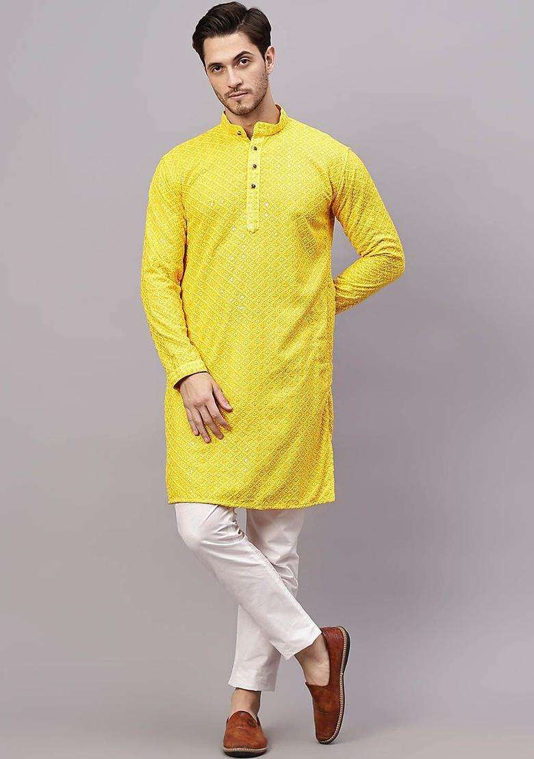 Yellow Embroidered Viscose Kurta Set For Men - Indya