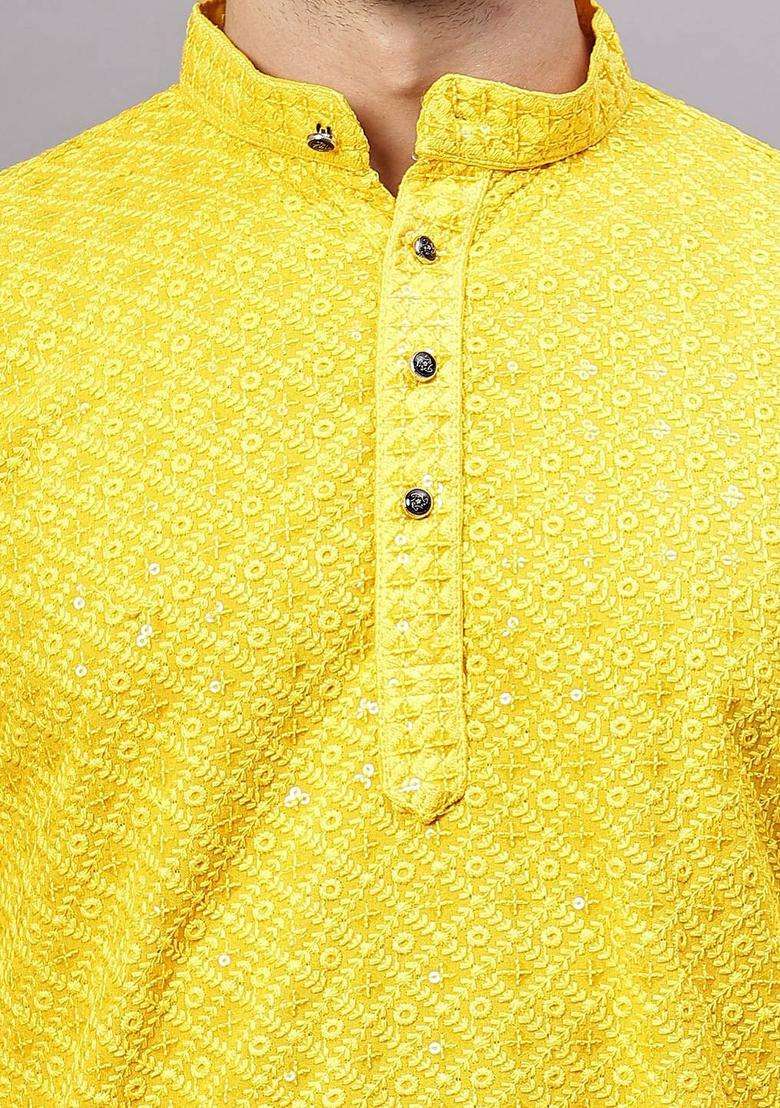 Yellow Embroidered Viscose Kurta Set For Men - Indya