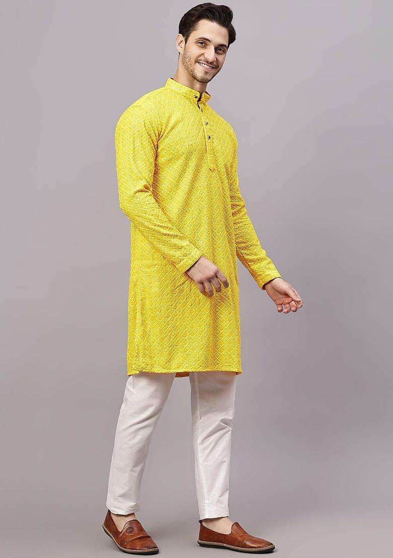Yellow Embroidered Viscose Kurta Set For Men - Indya