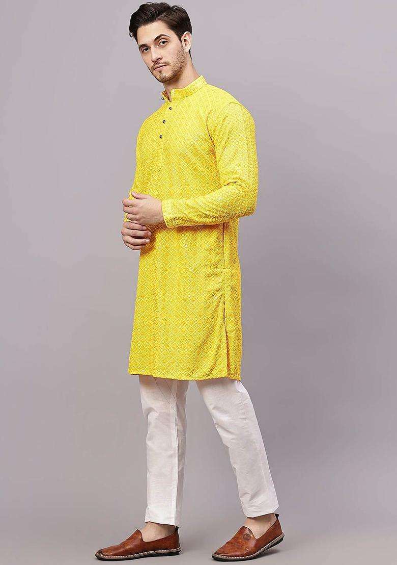 Yellow Embroidered Viscose Kurta Set For Men - Indya