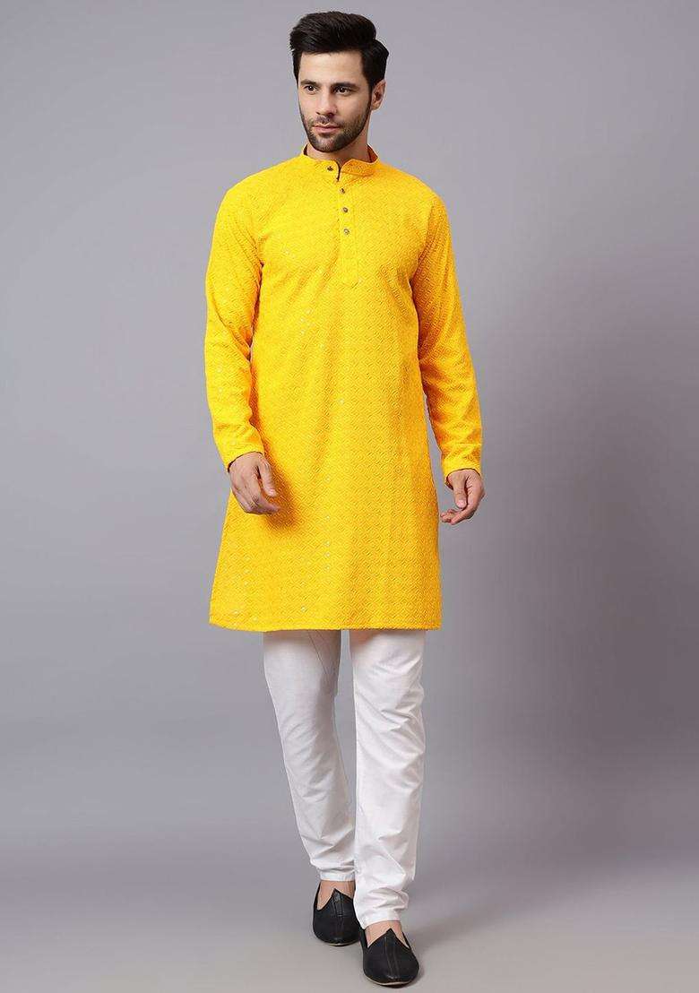 Yellow Embroidered Viscose Kurta Set For Men - Indya