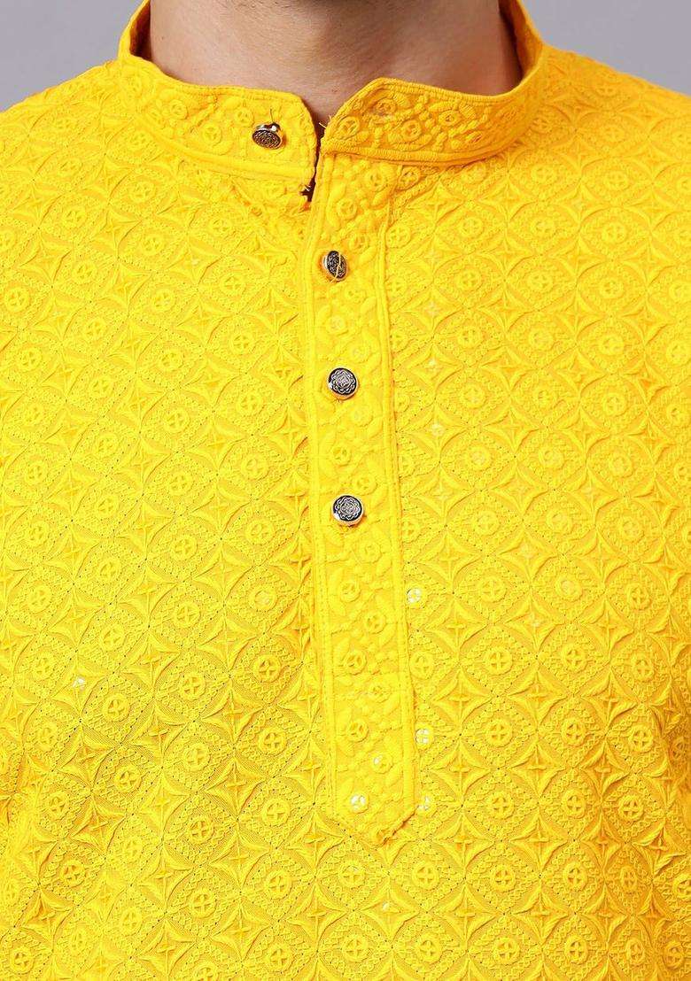 Yellow Embroidered Viscose Kurta Set For Men - Indya