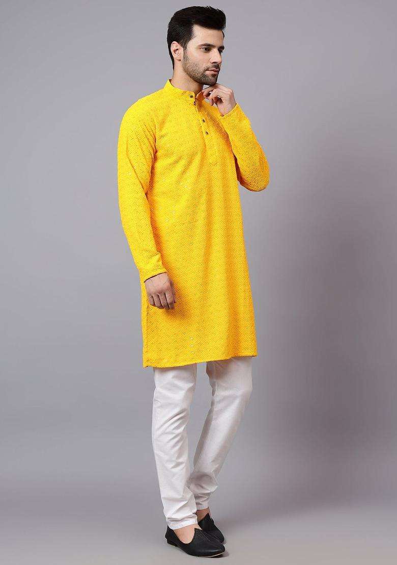 Yellow Embroidered Viscose Kurta Set For Men - Indya